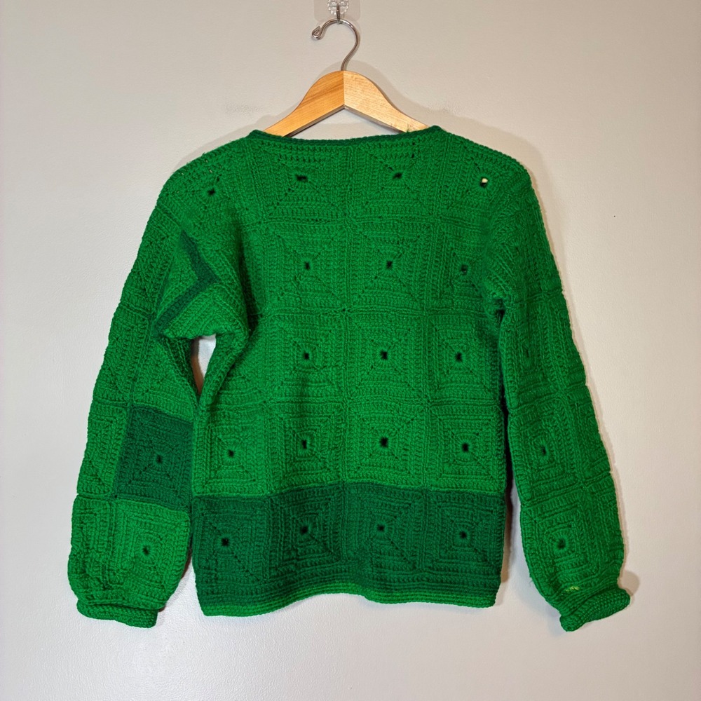 Handmade Crochet Granny Square Sweater Emerald Green Patchwork Knit Pullover
